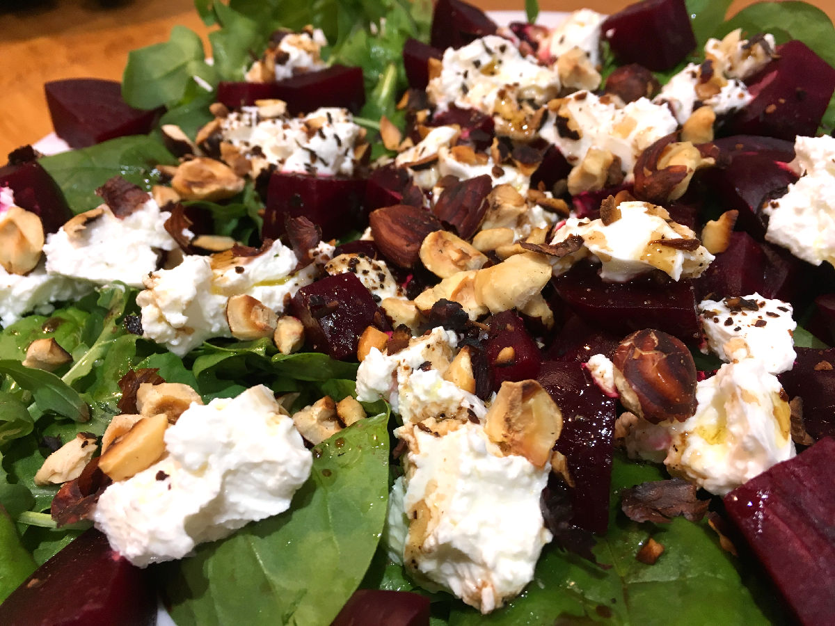 Recipe Goats’ cheese, beetroot and hazelnut salad with balsamic honey dressing … and roses too.
